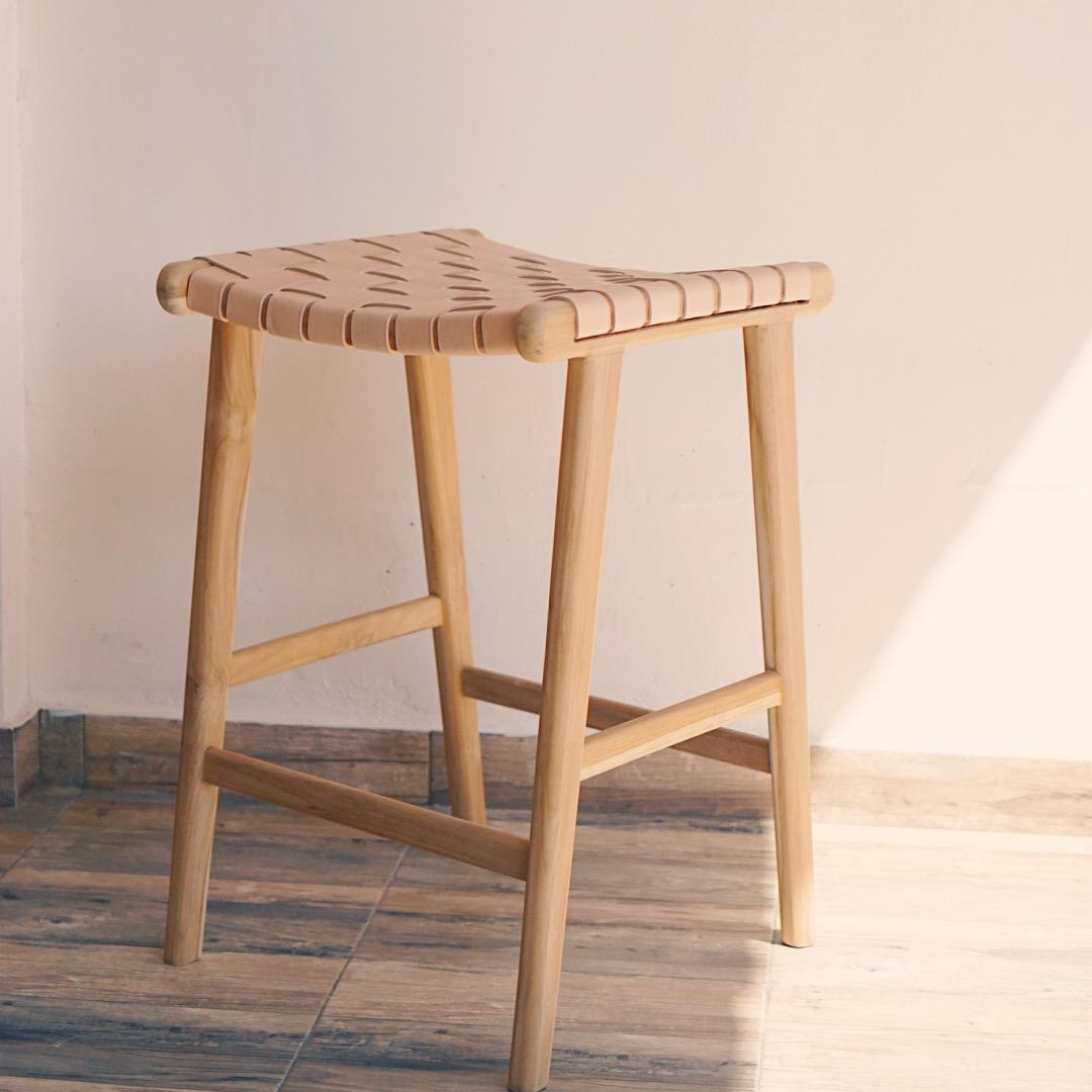 Luna Teak Wood + Leather Stool