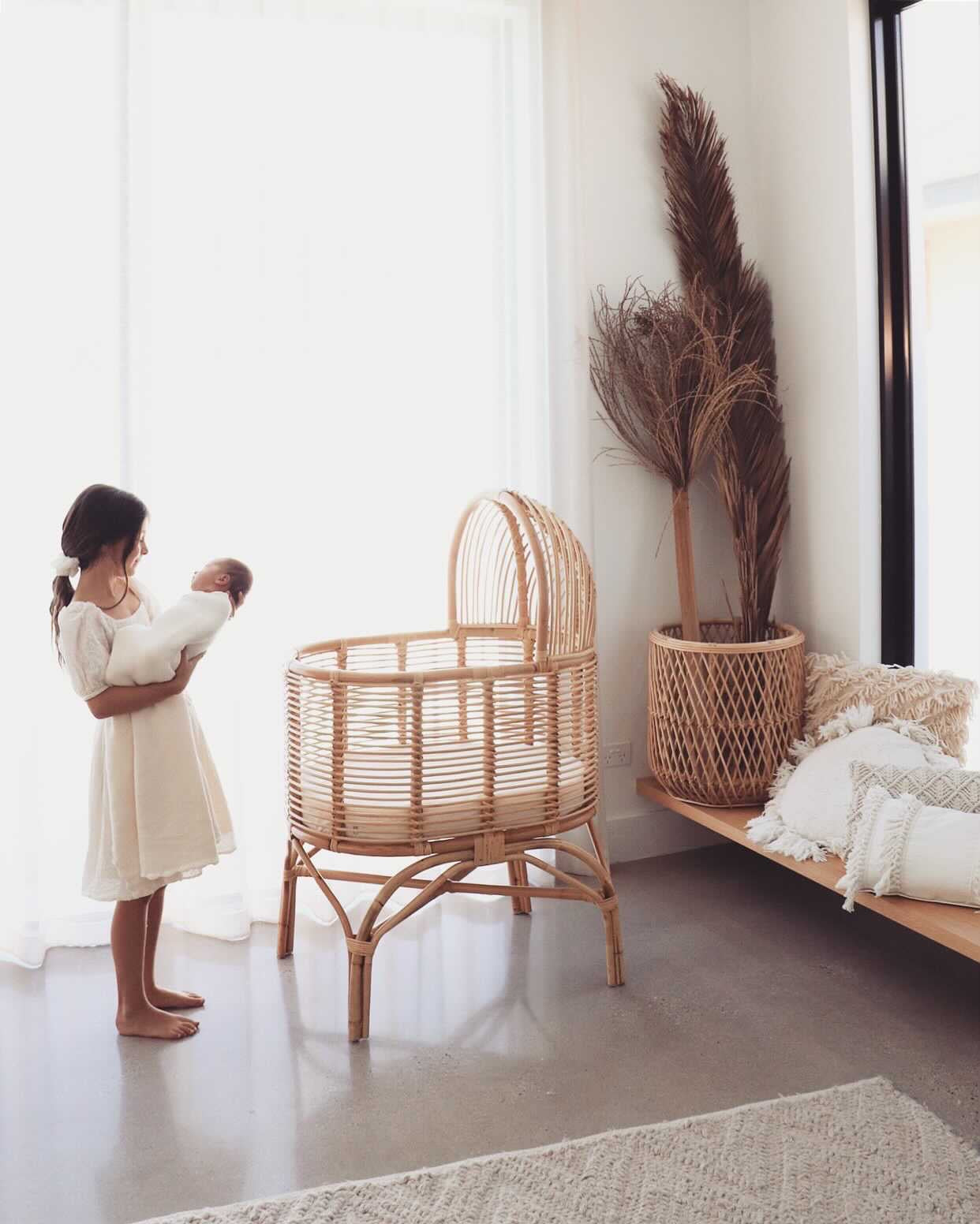 Hooded Natural Rattan Bassinet