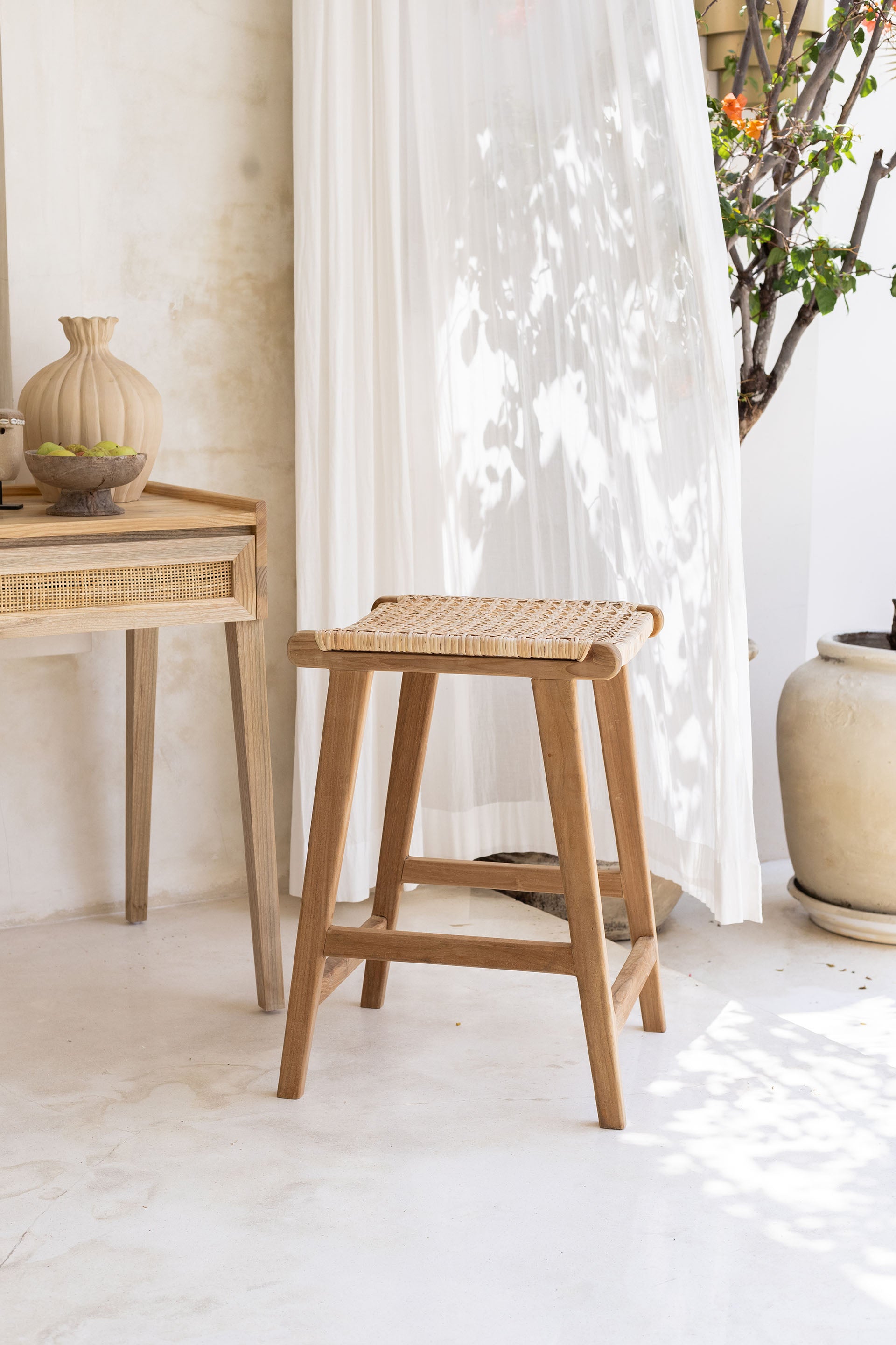 Luna Teak Wood + Leather Stool