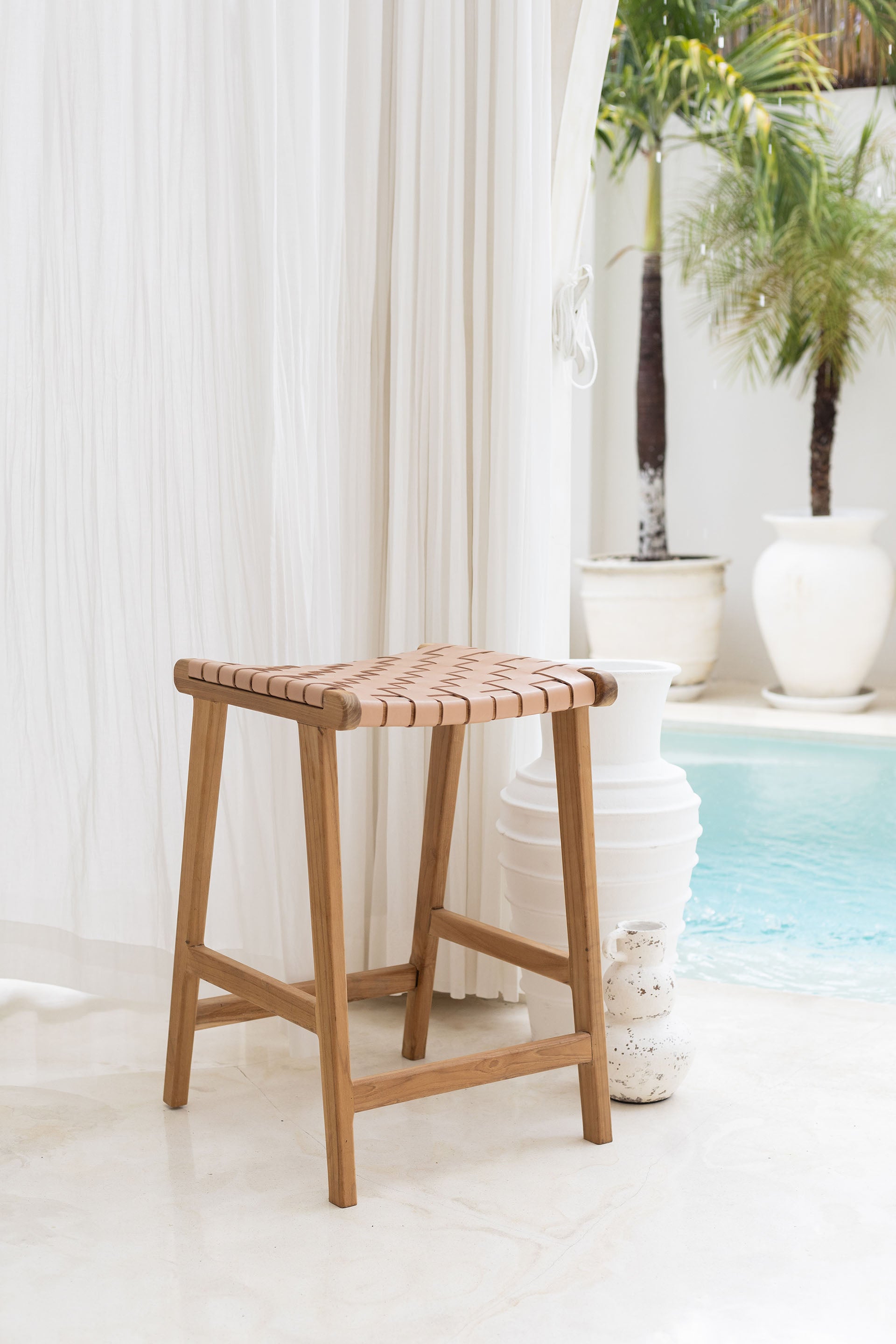 Luna Teak Wood + Leather Stool