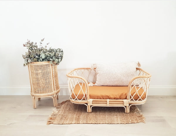 Bella rattan dog bed with mustard sheet sitting in front of a white wall styled with a rattan plant stand and rattan mat. 